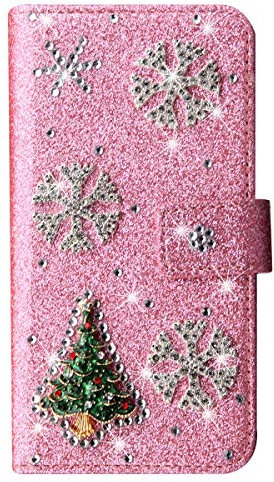 Christmas Wallet Style Phone Case for iPhone Plus - Bling Diamond Snowflake Christmas Tree Glitter PU Leather Flip Case - Pink