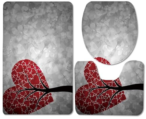Bad Teppiche Set Graues Rotes Herz Badezimmerteppich Waschbar WC Vorleger mit Ausschnitt und WC Deckelbezug 3 Teilig Badematte rutschfest Toilettensitzbezug Badgarnitur 45x75 cm