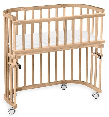 babybay Maxi extra großes Beistellbett aus massivem Buchenholz/Kinderbett Höhe stufenlos verstellbar & umweltfreundlich/mit Matratze, Gitter, Rollen (Natur lackiert)