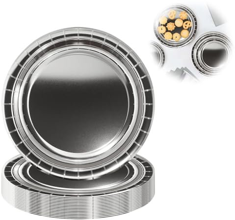 16 Piatti di Carta Metallizzato per Feste, 17,8 cm, Piatti per Feste, Decorazioni per La Tavola per Feste, Set di Piatti da Dessert Usa e Getta per Feste,per Feste di Cocktail,Compleanno, Argento