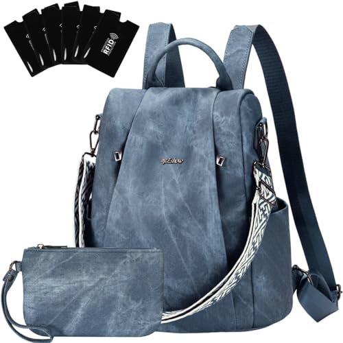 Eshow Rucksack Damen Klein, Anti-Diebstahl Elegant Cityrucksack, Wasserdichter Tagesrucksack Veganes Leder, Rucksacktasche mit Clutchbag RFID Blocker Modern für Pendeln Schule Arbeit Reise Blau