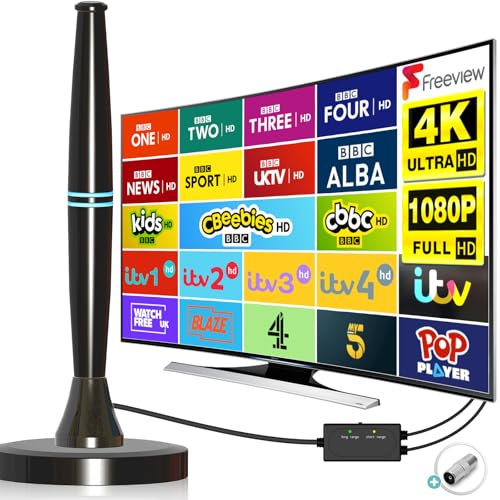 Cenbou High Gain TV Aerial Indoor, Digital Freeview Antenna with Strong Signal Amplifier Supports Smart TVs(DVB-T2), 4K/1080P, VHF/UHF Reception, with Magnetic Base, 16.4ft Coax Cable - Black