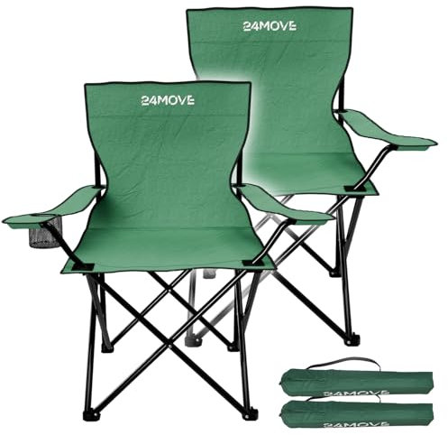 24MOVE® Faltstuhl grün 2er Set Campingstuhl Anglerstuhl mit Getränkehalter - Anglersessel klappbar - Klappstuhl Gartenstuhl Faltstuhl Relaxsessel Campingsessel faltbar, Polyester, draußen oder drinnen