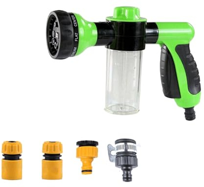 Garden Hose Spray Gun, Adjustable Foam Spray Gun with Soap Dispenser, 8 Patterns High-Pressure Sprayer with Reservoir Ideal for Watering Lawn Car Washing Pet Showering (Green)