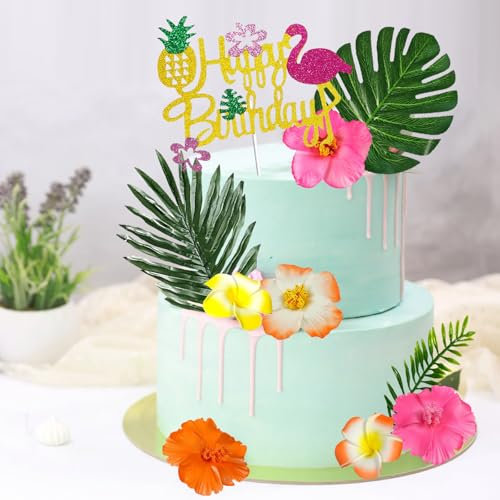 10 Stück Sommerliche Kuchendekoration,Happy Birthday Tortendeko,Flamingo Tortendeko,Torten Deko Blumen Hawaii Party Deko