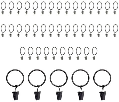 HERKINDNESS 40 Pièces Anneaux Rideaux avec Pince Noir Mat, Anneaux pour Rideaux Métal Ø32mm, Anneau Rideau avec Crochet et Pince, pour Salon, Chambre, Salle à Manger