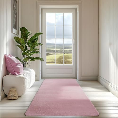 SIMPEX Läufer Teppich Rosa 60x100 cm Kurzflor Teppich Waschbar, weich & rutschfest, modernes einfarbiges Design für Schlafzimmer, Küche & Flur