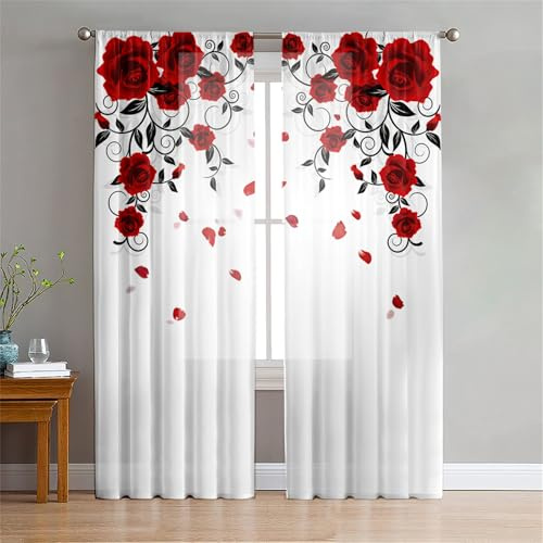 Surwin Vorhänge Wohnzimmer, Nordischer Garten Scheibengardinen, Gardinen mit ösen, 2er Set Vorhänge, Modern Transparent Tüll Gardine Wohnzimmer für Küche Fenster Schlafzimmer (rot,W132xH244cm)