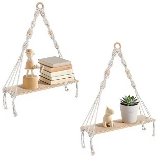 Kinfezlon 2 Stück Makramee Wandregal,Holz Regal für Wohnzimmer,Schlafzimmer | Makramee Wandbehang, Handgewebte Schweberegal, Boho Deko Hängeregal Baumwollseil, Quasten Schweberegal Pflanzenregal