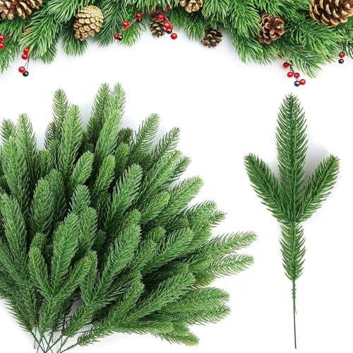 50 Stück Tannenzweige Künstlich wie Echt,24cm Künstliche Tannenzweige Deko | Kunststoff Kiefernblätter Gefälschte Kiefernnadel DIY Zubehör für DIY Girlande Kranz Weihnacht Home Garden Decor