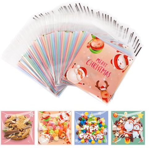 Bigqin 200 Stück Zellophantüten Weihnachten, 10 x 10 cm kleine Süßigkeiten Tüten Transparent Geschenktüten Plätzchentüten Plastik Verpackungstüten für Xmas Party Süßigkeiten Bonbons Schokolade Nüsse
