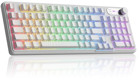 MageGee GK960 Wireless Gaming Keyboard, RGB Tri-Mode Wired/BT/2.4G Creamy Keyboard with Number Pad, 4000mAh Battery, Knob Control, Side Printed Keycaps, 19-Key Rollover for Win/Mac (White Topographic)