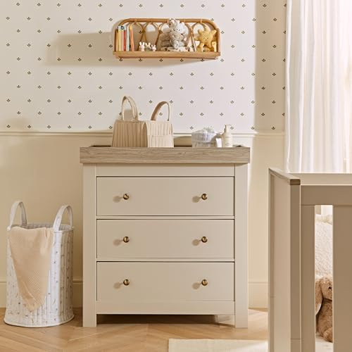 CuddleCo Luna Baby Changing Table, Cashmere & Ash | Brushed Gold Handles, Spacious Drawers, Removable Changing Top, Sturdy and Safe Nursery Furniture