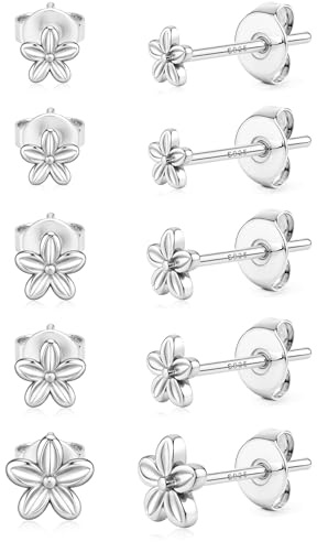 Morfetto 5 Paar Ohrringe Silber 925 Hypoallergene Ohrstecker Set Damen | Kleine 14K Gold Vergoldet Ohrstecker Zirconia Kugel Herz Blumen Perlen Ohrringe Silber 925 Stecker Schmuck Geschenke