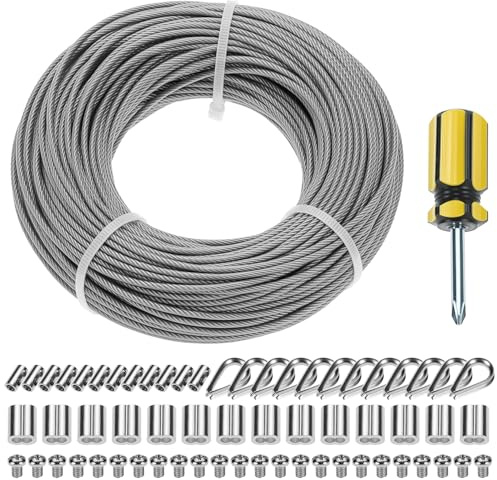 QWORK® Kit Fune Acciaio, 50m/2mm 304 Cavetto in Acciaio inossidabile, M2 ditali per cavi a filo, M2 morsetti, per le luci esterne sospese
