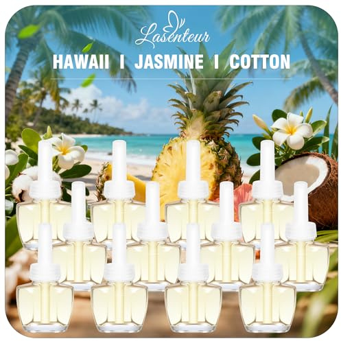 LASENTEUR Duftstecker Nachfüller 12 x 19ml, kompatibel mit Air Wick und Glade, Raumduft & Lufterfrischer für die Steckdose, Duftölflakon Nachfüller mit Hawaii, Jasmin & Baumwolle