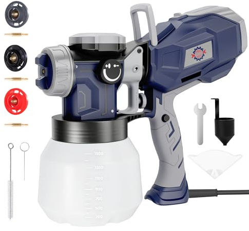 TurboVolt Pistola a spruzzo elettrica HVLP da 550 W con contenitore da 1500 ml, spruzzatore di vernice per recinzione da 1000 ml/min e interruttore di regolazione senza cuciture, 3 ugelli e 2 metodi