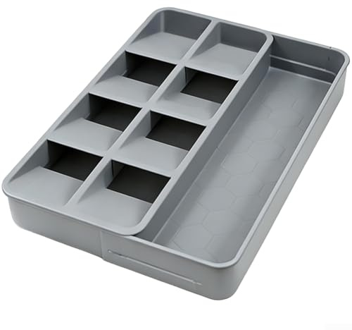 Boîte de rangement coulissante coulissante pour tiroir de cuisine - Organise les ustensiles, fourchettes, cuillères, outils de cuisine, longueur réglable en plastique (repose-couverts gris)