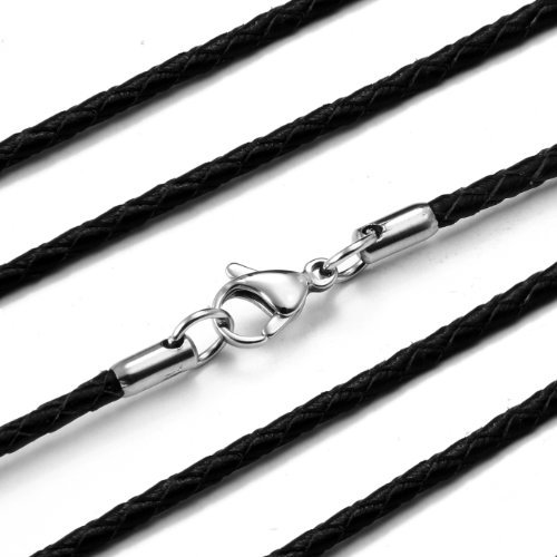 JewelryWe New 3mm Twisted Braided Rope Black Leather Cord Chain Necklace with Silver Clasp 22.4 Inch (with Gift Bag)