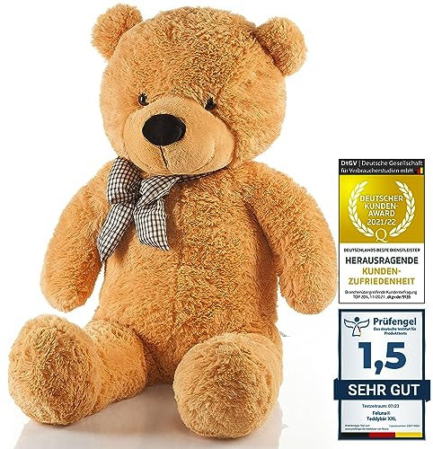 Feluna Riesen Teddybär XXL Kuschelbär 120 cm groß Plüschbär - Original Teddy Bär mit Schleife Hellbraun
