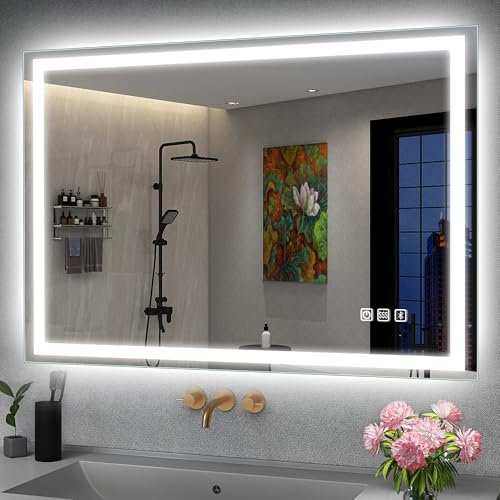 S'bagno Bluetooth-Bathroom-Mirror-with-LED-Lights 800x600mm, LED-Bathroom-Mirror with Defogging Mat, 3000K-6500K, Dimmable, Memory, HD Tempered Glass, IP44 Waterproof, Horizontal/Vertical