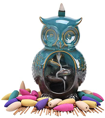Rückfluss-Räuchergefäß, süße Eule, Keramik, Rückfluss-Räucherkegel, Halter für Heimdekoration, Geschenk, 20 Stück Räucherkegel + 30 Räucherstäbchen + 1 Pinzette + 1 Matte