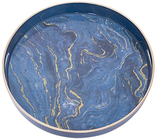 MAONAME Round Decorative Serving Tray, Plastic with Handles, Marbling Vanity and Coffee Table Tray, Size 13'', Blue