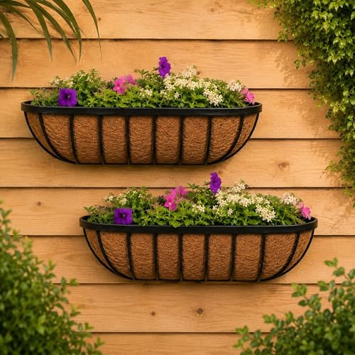 Shop4allsorts 2 x 24 Inch Metal Wall Trough Planter With Coco Liner - Black Wrought Iron Wall Mounted Garden Flower Basket - Hanging Wall Trough For Outdoor - Decorative Garden Wall Basket Planter.