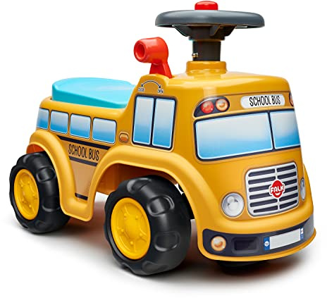 Falk - Porteur Bus Scolaire - Volant directionnel & Coffre de Rangement - Plaque d'immatriculation Personnalisable - 704 - Jaune- Dès 12 Mois