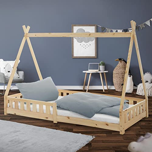 ML-Design Kinderbett Tipi 90x200 cm Natur mit Rausfallschutz und Lattenrost, aus Kiefernholz, Indianer Bett für Mädchen & Jungen, Hausbett mit Zaun, Bodenbett Kinderhaus Jugendbett Spielbett Zelt