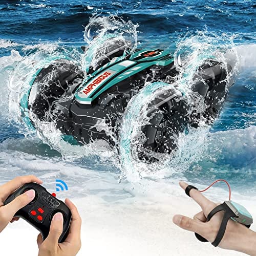 AmazeFun Amphibious Remote Control Car, Gesture Sensor 4WD Remote Controlled Off-Road Toy Car, 360 Degree Rotating Waterproof RC Stunt Car for Kids Age 4+, Boys Girls Gifts