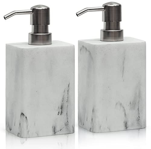 Suanti Premium Resin Stone Soap Dispenser Set of 2,White Marble Hand Soap Lotion Dispenser for Bathroom Counter&Kitchen Sink Decor,Refillable Liquid Dish Soap Bottle with Easy-Press Pump-445ml