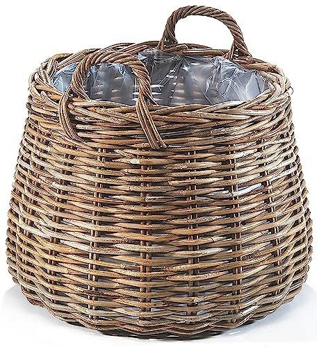 Kobolo Pflanzkorb Pflanzkübel rund XXL aus Rattan mit Folie ausgeschlagen - Grau - für Innen- und Außenbereich geeignet