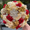 Sharebeauty 9.4 Handmade Satin Rose Bridal Bouquet Toss Round Wedding Bouquet Throw Toss Artificial Flower Bunch Dark Red + Pale Gold + Cream