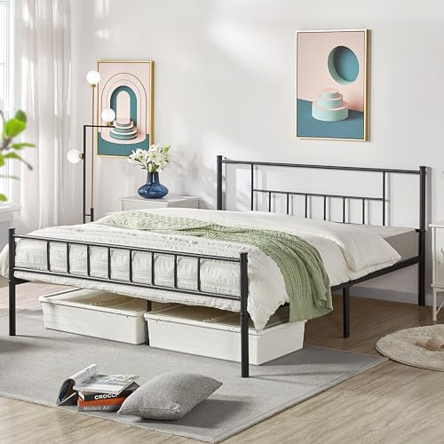 Yaheetech Metallbett 160 x 200 cm Bettrahmen mit Hohem Kopfteil, Einzelbett Bettgestell mit Lattenrost, Jugendbett mit Industriestil Gästebett Industriebett für Schlafzimmer Gästezimmer, Schwarz
