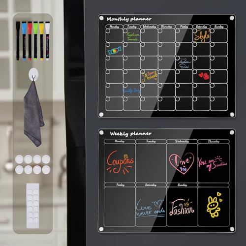 Otauoaea Calendario Magnetico Nevera Negro,1 lote de 2 Borrable Pizarras Magnetica Nevera para Organizar, planificar menús y hacer la lista de la compra