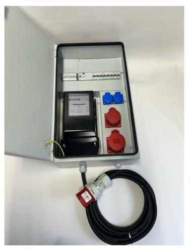 NAKA Stromverteiler Wandverteiler Profi-Baustromverteiler aus Metall CEE 32A 16A 2x230V mit Hager-Sicherungen Stromzähler FI/LS mit Kabel 5m 94H-3
