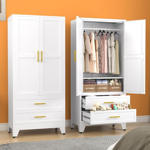 erosoei Metal Armoire Wardrobe Closet, 71 Metal Clothing Storage Cabinet with Adjustable Shelves and Hanging Rod, Household Steel Wardrobe Storage Cabinet with Drawers (armoire-White)