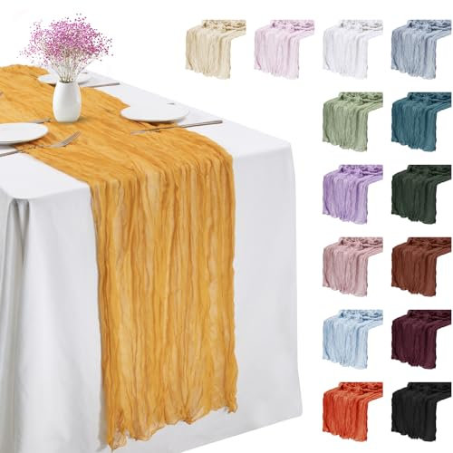 LEREATI Käsetuch Tischläufer Senfgelb 90 x 400cm Chiffon Tischläufer Musselin Tischdecke Modern Abwaschbar Boho Tischläufer für Geburtstag, Hochzeit, Frühling, Küche Tischdeko
