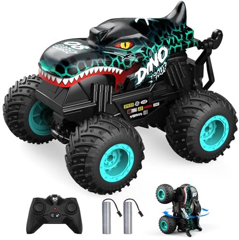 ACAMMZAR Ferngesteuertes Auto Dinosaurier, 2.4GHz 20+km/h Ferngesteuertes RC Monster Truck mit 2 Akkus 60 Mins+, RC Stunt Spielzeug Auto Sprühnebel Musik, für 6 7 8 9 10 Jahre Alte Kinder Erwachsene