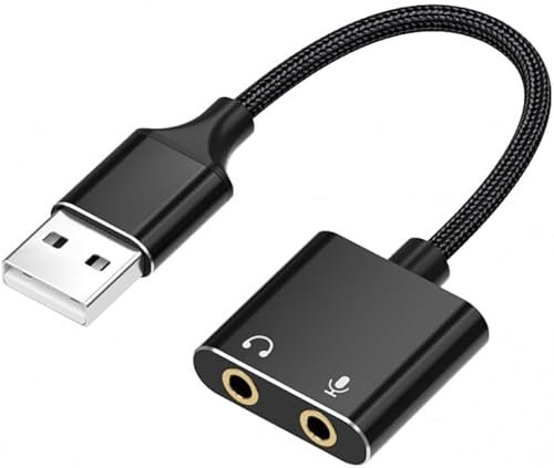 USB auf 3,5mm Klinke Adapter, Externe Soundkarte, USB Kopfhörer und Mikrofon Klinkenadapter, Headset Aux USB Adapter für Windows Mac Linux PC Laptops Desktops PS4 Headsets, schwarz