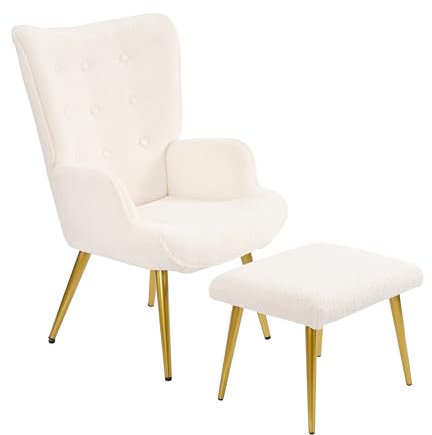 LONELYO Fauteuil Chaise Scandinaves, Chaise Longue Relax en Sherpa avec Repose-Pieds, avec Pieds en métal, Fauteuil de Salon Chaise de Lecture pour Chambre à Coucher(Blanc)