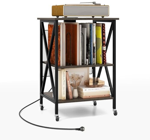 COSTWAY Meuble Tourne-Disque Vinyle avec Prise, Table d’Appoint à Roulette avec Station de Charge, 2 Prises, 1 USB, 1 Type-C, Bout de Canapé, Support Tourne-Disque Industriel (Gris)