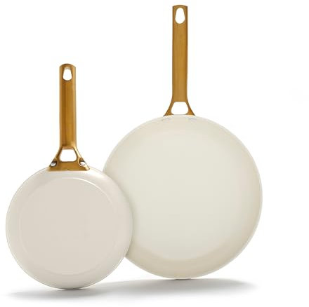GreenPan Reserve Hard Anodized Healthy Ceramic Nonstick 8 and 10 Frying Pan Skillet Set, Gold Handle, PFAS-Free, Dishwasher Safe, Oven Safe, Cream White