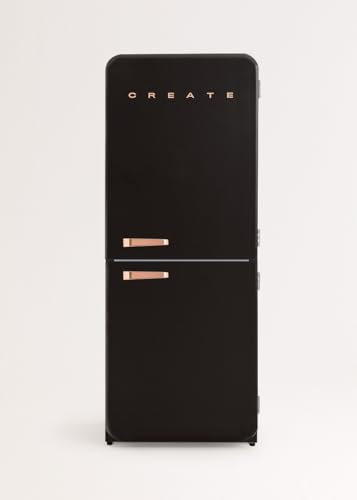 CREATE / RETRO FRIDGE FRIDGE COMBI 185 ROSE GOLD/Kombi-Kühlschrank mit Gefrierfach 401L in Schwarz, Griff Rosa-Gold / 190W, No Frost System, 3 Ablagen, 2 Schubladen, Temperaturregler, 70x65x185 cm