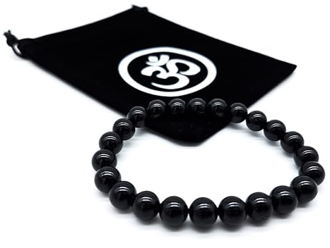 AB India Crafts Pulsera elástica de turmalina negra hecha a mano con piedras preciosas curativas de 8 mm en bolsa de joyería Om Aum | Protección de la energía espiritualidad, 18 cm Innenumfang Damen