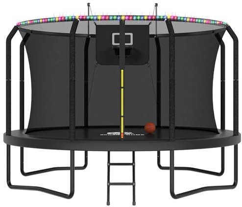 ACWARM HOME Trampoline Outdoor 14FT Trampoline with Basketball Hoop and LED Lights, Recreational Trampolines for Kids and Adults with Net and Ladder, ASTM Approved, Black