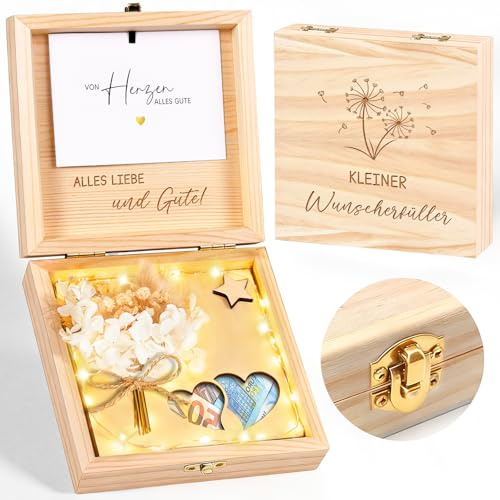 Wunscherfüller Geldgeschenk Verpackung aus Holz - „Kleiner Wunscherfüller“ Geschenkbox mit LED Lichterkette, Kreatives Geldgeschenk für Geburtstag Hochzeit Weihnachten Konfirmation Jugendweihe
