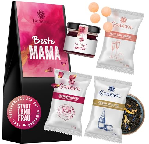 Corasol Geschenkset Royal Deluxe - Beste Mama mit Kir Royal Konfitüre, Tee, Bonbons & Rosenblüten