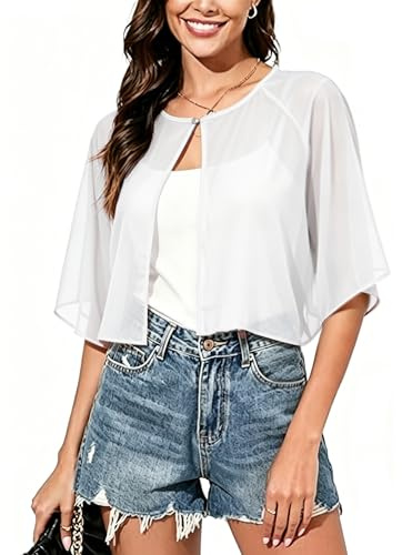Vossmi Elegante Coprispalle Chiffon da Donna Mesh Scialle per Cerimonia Abito Corto Maniche Casual Bolero Cardigan Leggero Scialle con Bottoni di Perla Estivo